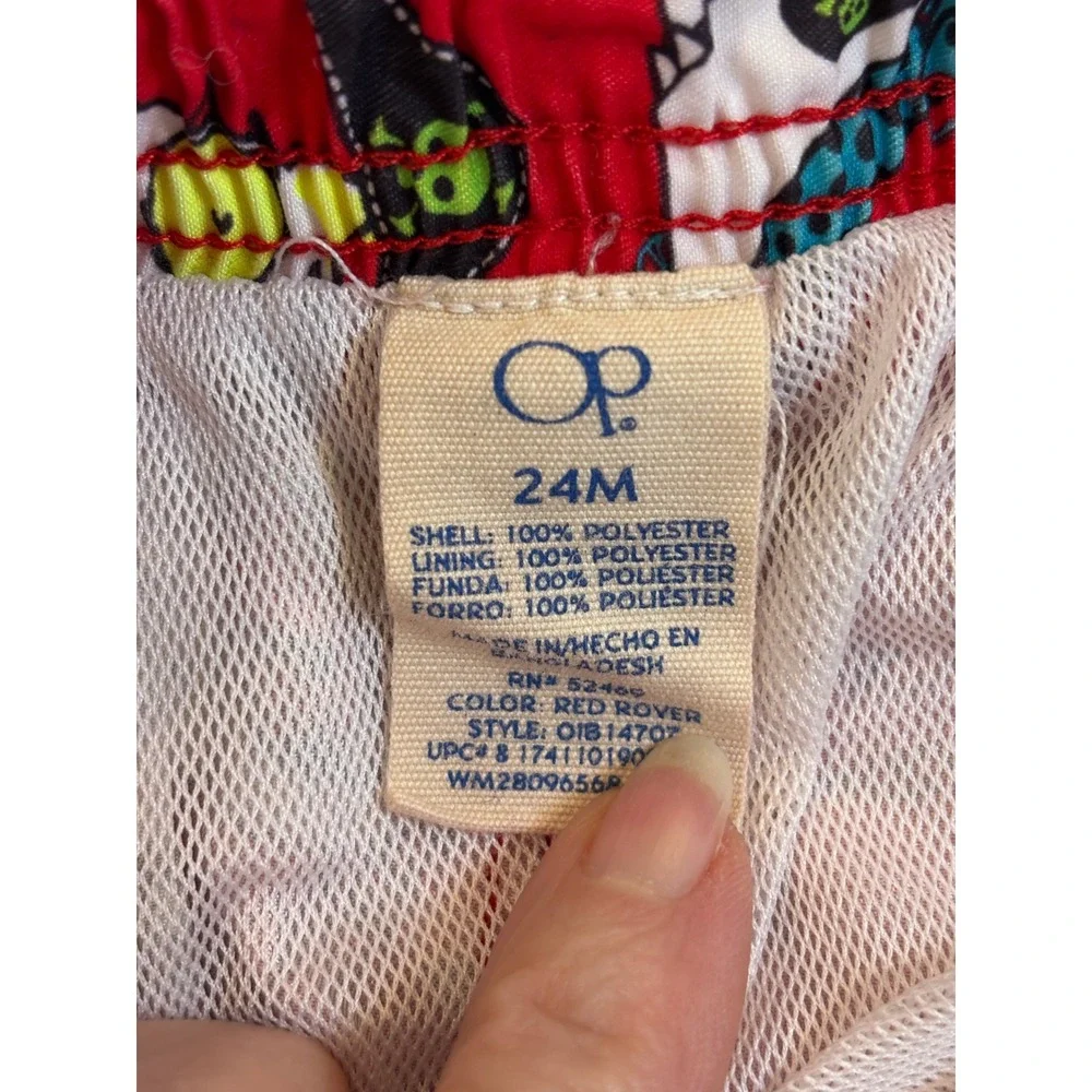 OP Ocean Pacific Boys Red Pirate Shark Swim Trunks Size 24M Shorts Mesh‎ Lining